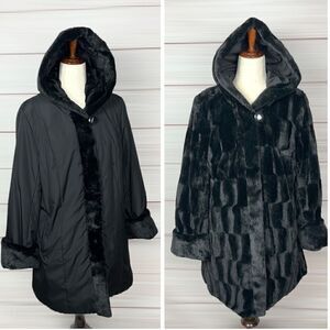 NWT New Dennis Basso Hooded Reversible Black Faux Fur Short Coat Jacket S